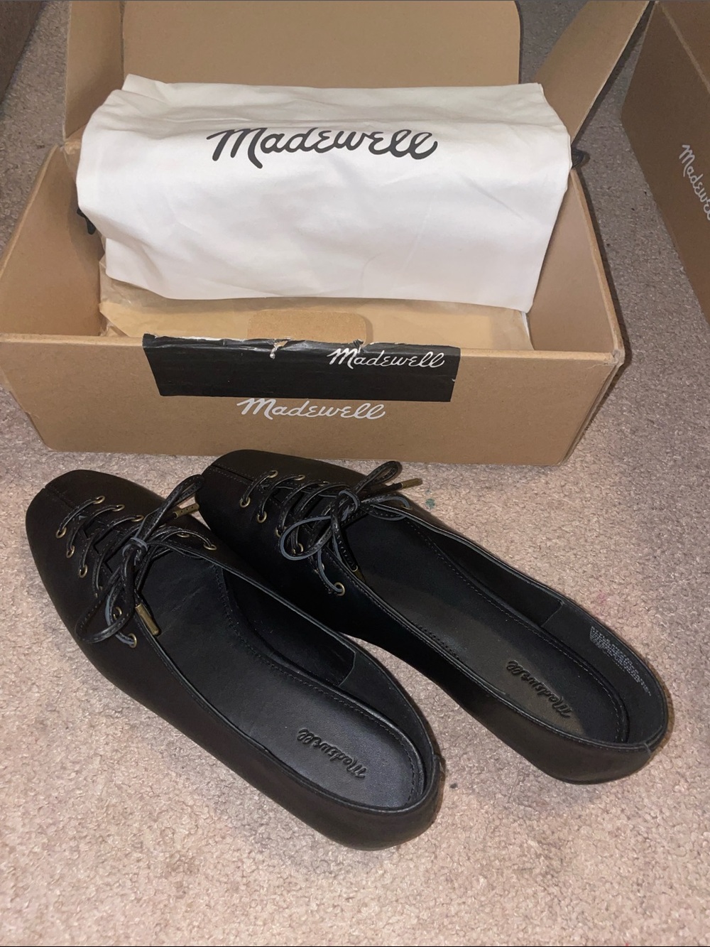 Madewell Black Leather Lace-Up Ballet Flats with Eyelet Detail